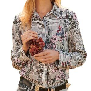 Zara Flowy Floral Printed Long Sleeve Button Up Collared Blouse in White/Black